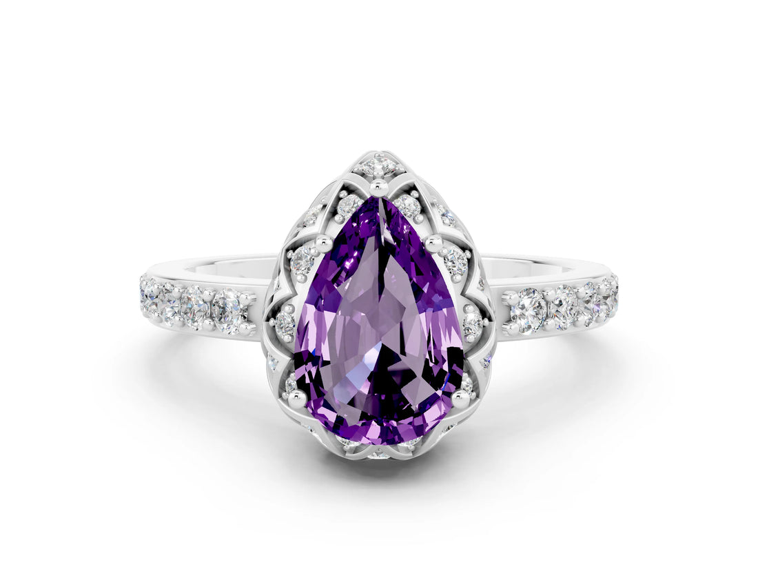 Silver Pear Cut Amethyst Scalloped Halo Engagement Ring with Round Shared Prong Band_78