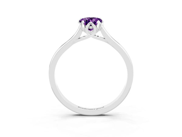 Sterling Silver Pear-Shaped Amethyst Floral Solitaire Engagement Ring with Plain Band