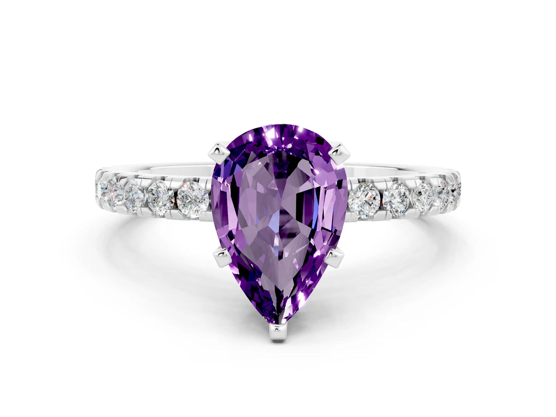 Silver Pear Cut Amethyst Solitaire Ring with Round  Pavé Band and Four-Prong Setting_36