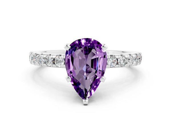 Sterling Silver Pear-Shaped Amethyst Hidden Halo Engagement Ring with Pave Band