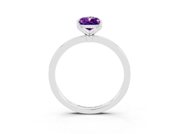 Silver Pear Cut Amethyst Solitaire Ring with Thin Band and Prong Setting