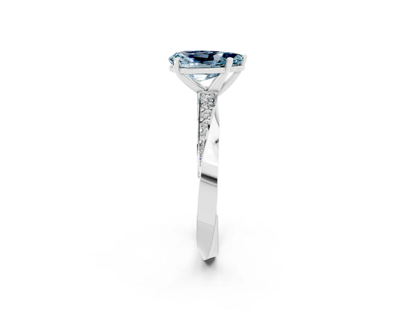 Silver Pear Cut Aquamarine Engagement Ring with Side Stone Accents and Four-Prong Setting