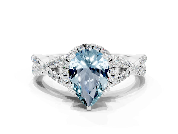 Silver Pear Cut Aquamarine  Halo Twist Band Solitaire Prong Setting Ring