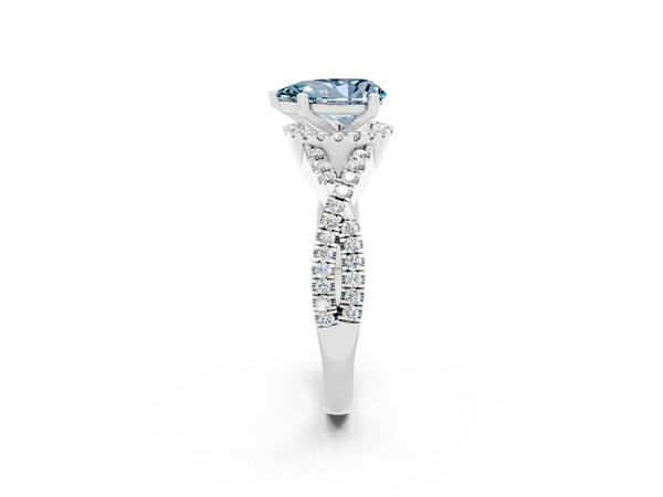Silver Pear Cut Aquamarine  Halo Twist Band Solitaire Prong Setting Ring