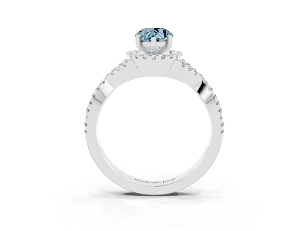 Silver Pear Cut Aquamarine  Halo Twist Band Solitaire Prong Setting Ring