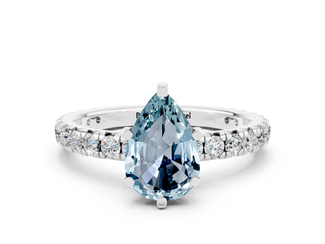 Silver Pear Cut Aquamarine Pavé Solitaire Ring with Round Band and Prong Setting_42