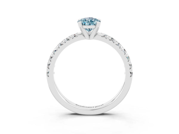 Silver Pear Cut Aquamarine Solitaire Pavé Engagement Ring with Round Band and Prong Setting