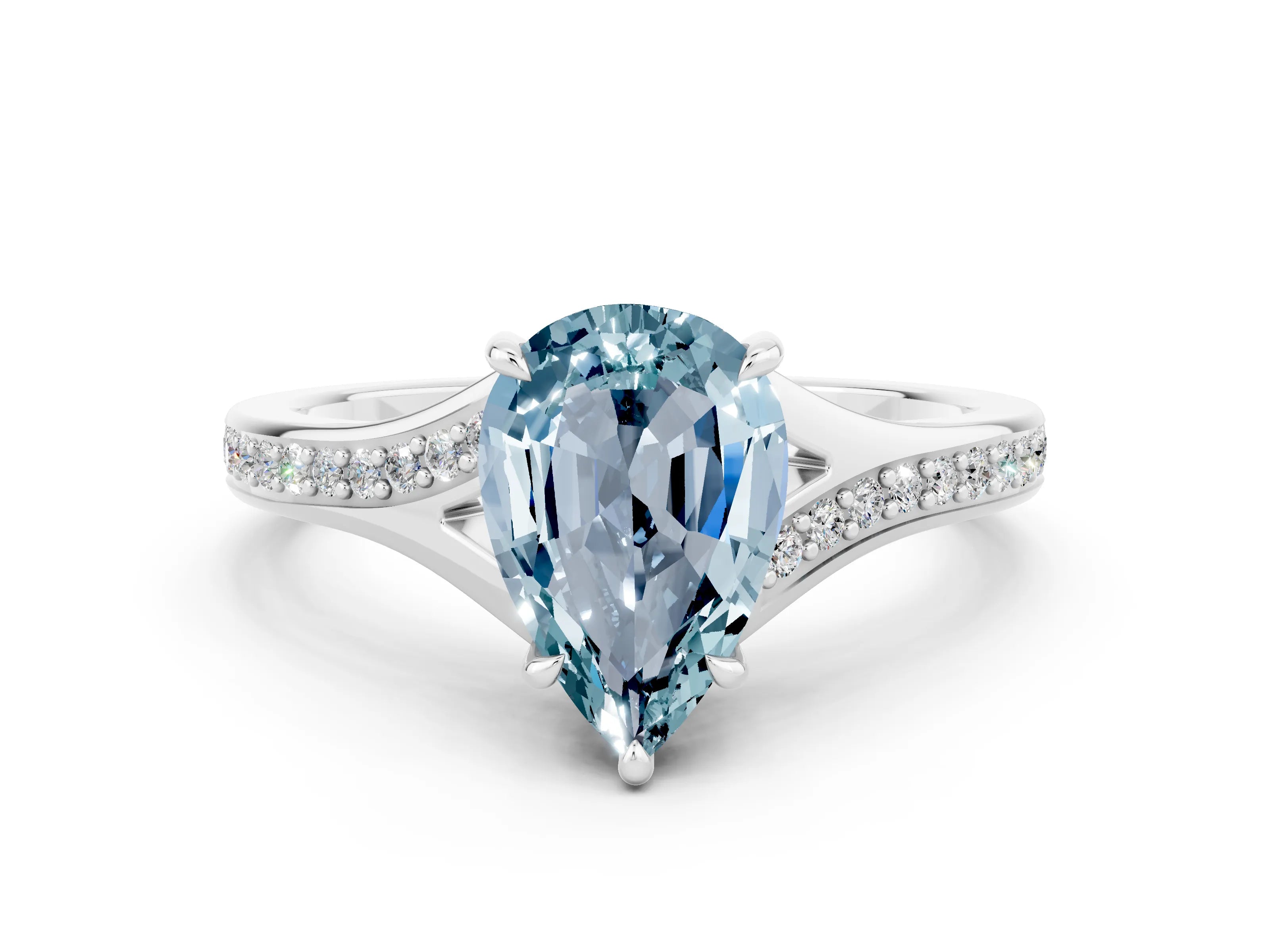 Silver Pear Cut Aquamarine Solitaire Ring with Pavé Band and Prong Setting_12