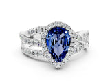 Silver Pear Cut Blue Sapphire Halo Ring with Round Split Shank and Prong Setting_66