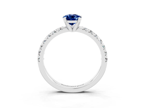 Silver Pear Cut Blue Sapphire Solitaire Pavé Engagement Ring with Round Band and Prong Setting