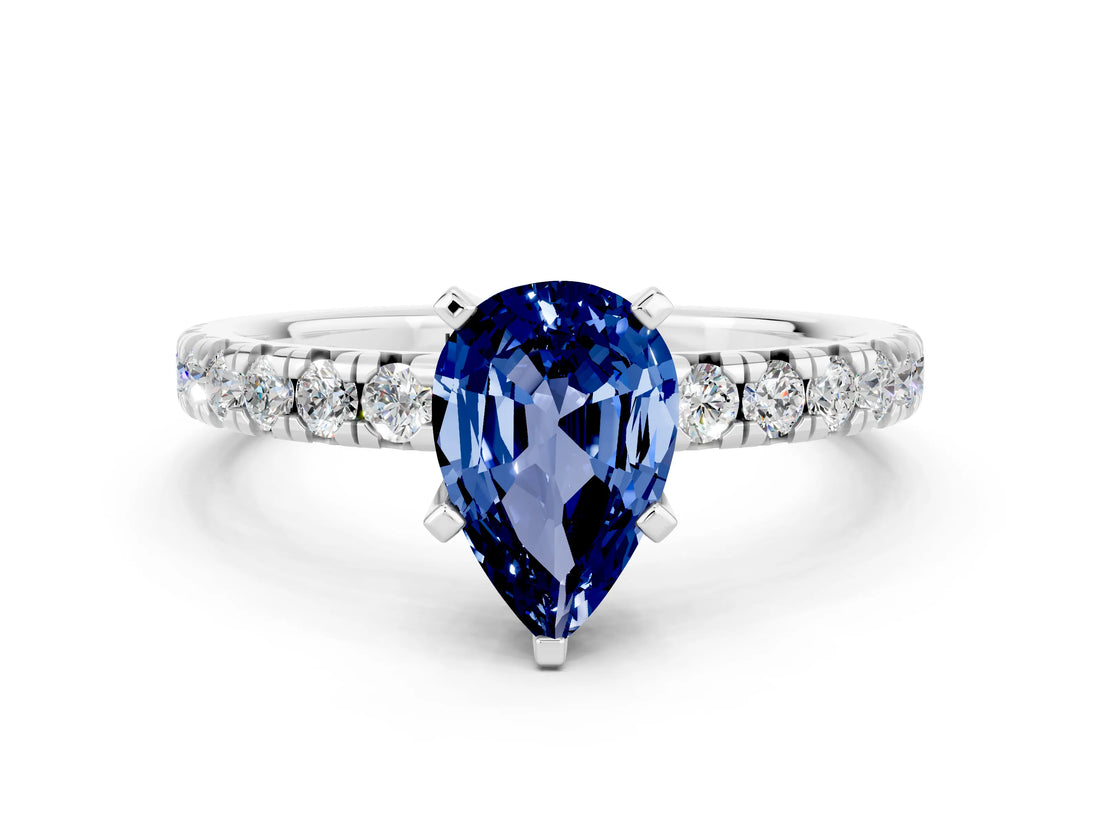 Silver Pear Cut Blue Sapphire Solitaire Pavé Engagement Ring with Round Band and Prong Setting_97