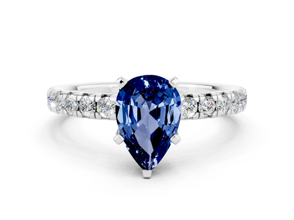 Silver Pear Cut Blue Sapphire Solitaire Pavé Engagement Ring with Round Band and Prong Setting