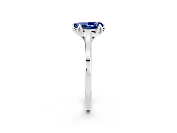 Silver Pear Cut Blue Sapphire Solitaire Ring with Flower Prong Setting and Classic Band