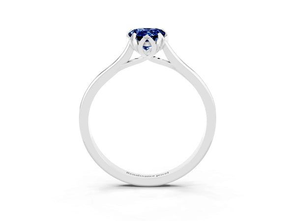 Silver Pear Cut Blue Sapphire Solitaire Ring with Flower Prong Setting and Classic Band