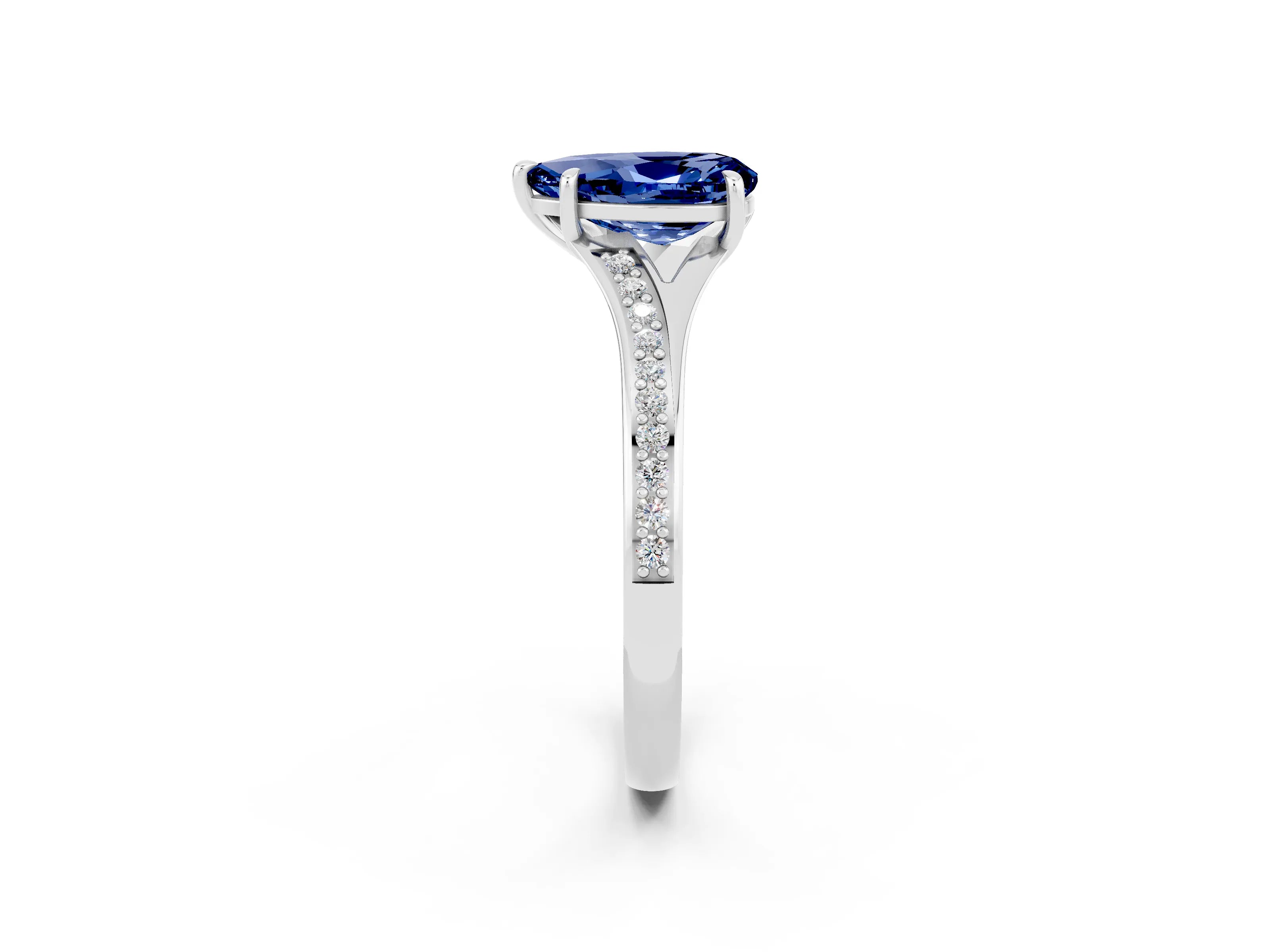 Silver Pear Cut Blue Sapphire Solitaire Ring with Pavé Band and Prong Setting_14