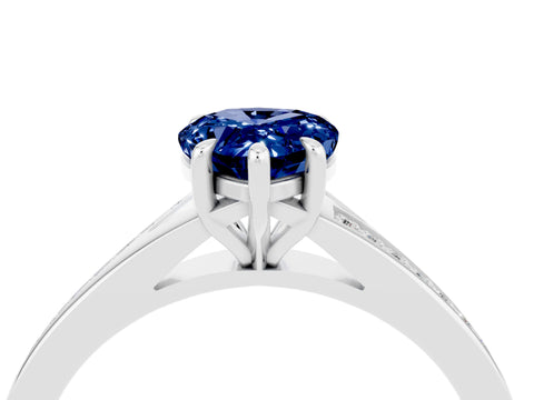 Silver Pear Cut Blue Sapphire Solitaire Ring with Pavé Band and Prong Setting_16