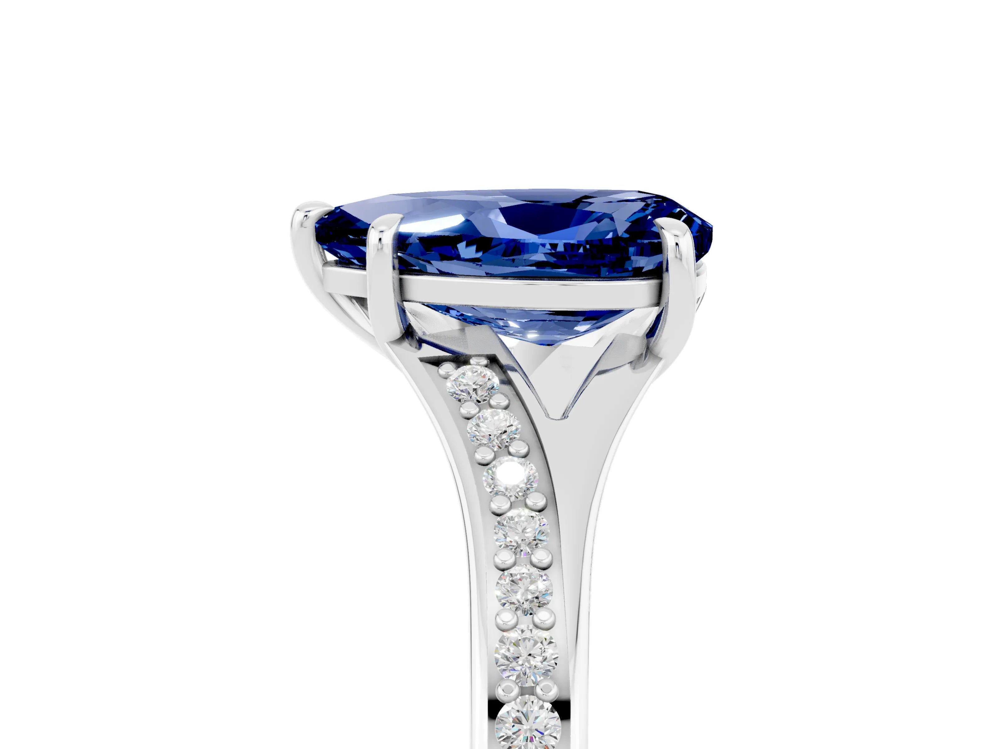 Silver Pear Cut Blue Sapphire Solitaire Ring with Pavé Band and Prong Setting_17
