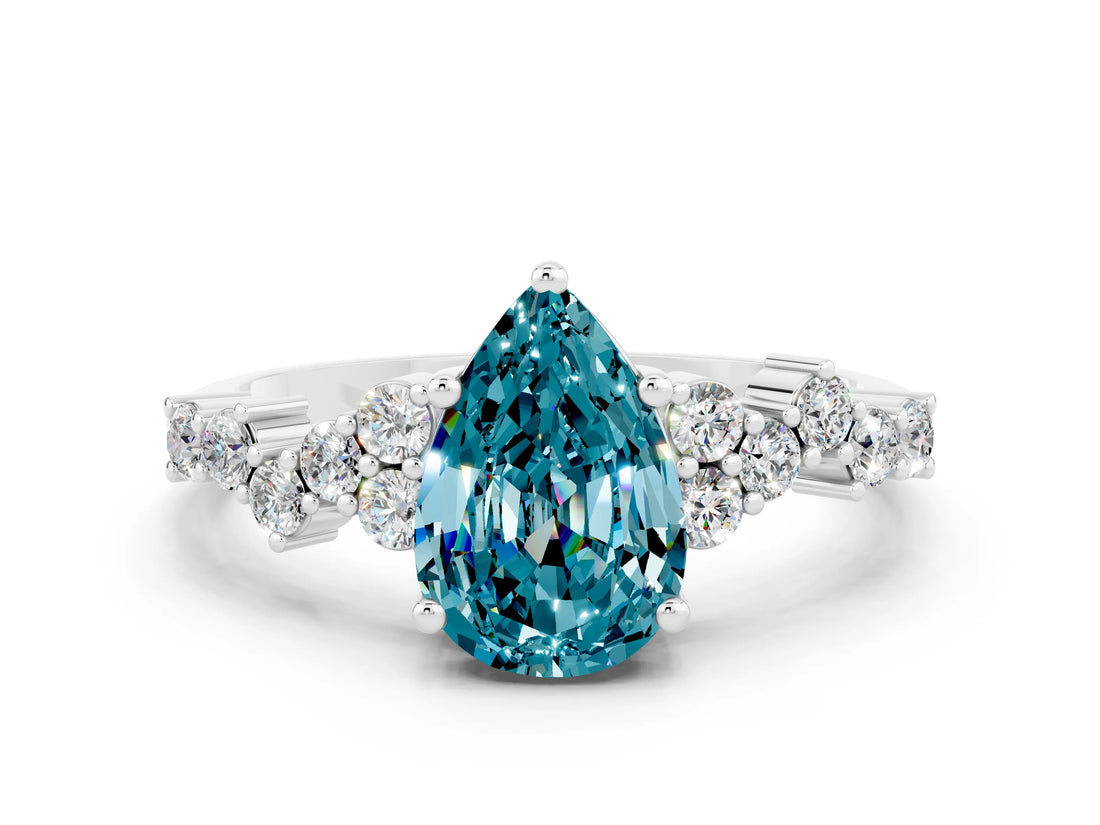 Silver Pear Cut Blue Topaz Scattered Round Accent Ring with Prong Setting_60