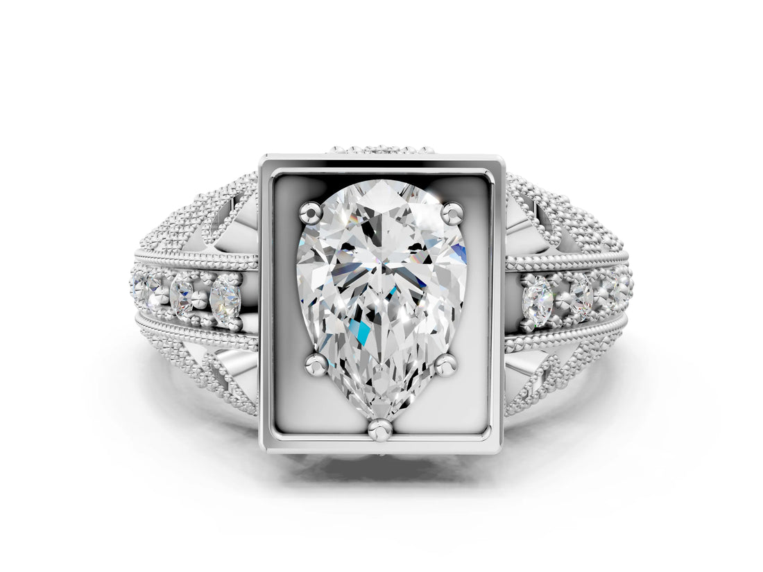 Silver Pear Cut Brilliant Milgrain Filigree Diamond Ring with Square Prong Setting_13