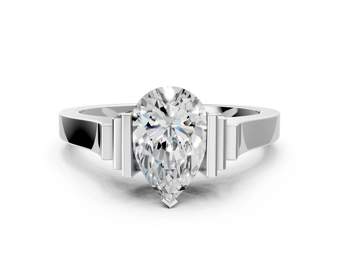 Silver Pear Cut Brilliant Solitaire Diamond Ring with Channel Set Band and Bar Prong Setting_12