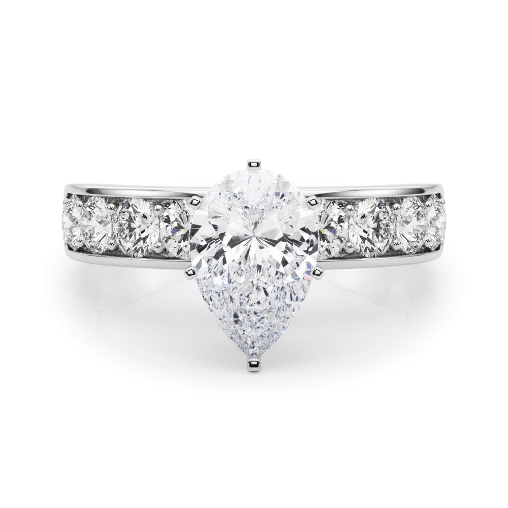 Silver Pear Cut Channel Set Diamond Engagement Ring with Four-Prong Setting