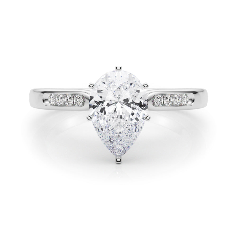 Silver Pear Cut Channel Set Solitaire Engagement Ring with Four-Prong Setting