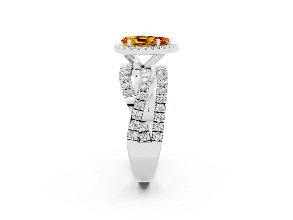 Silver Pear Cut Citrine Halo Ring with Round Split Shank and Prong Setting