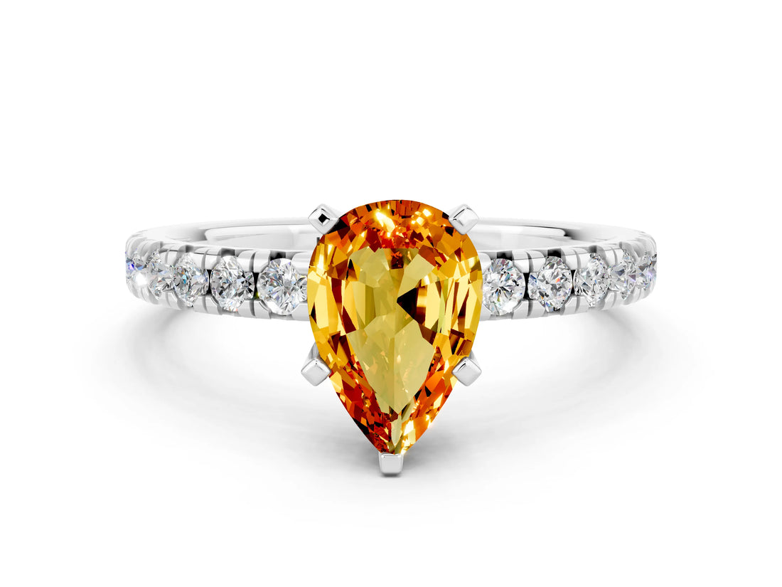 Silver Pear Cut Citrine Solitaire Pavé Engagement Ring with Round Band and Prong Setting_90