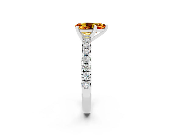 Silver Pear Cut Citrine Solitaire Pavé Engagement Ring with Round Band and Prong Setting