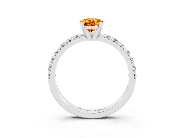 Silver Pear Cut Citrine Solitaire Pavé Engagement Ring with Round Band and Prong Setting