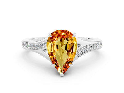 Silver Pear Cut Citrine Solitaire Ring with Pavé Band and Prong Setting_12
