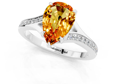 Silver Pear Cut Citrine Solitaire Ring with Pavé Band and Prong Setting_13