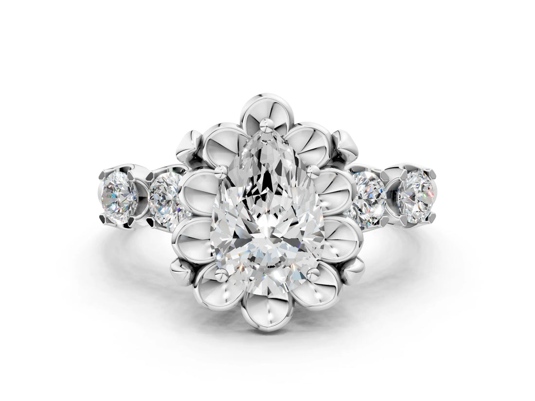 Silver Pear Cut Diamond Floral Halo Engagement Ring with Shared Prong Setting 1
