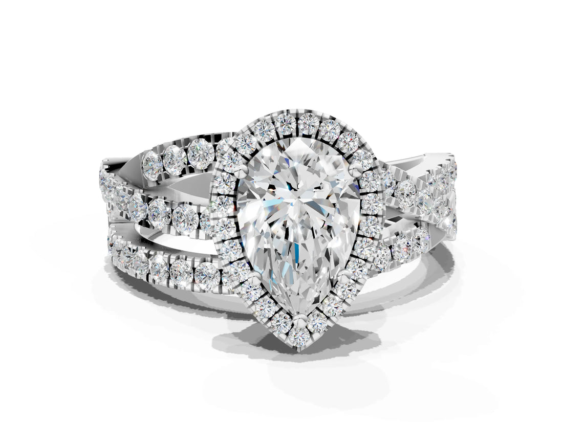 Silver Pear Cut Diamond Halo Ring with Round Split Shank and Prong Setting_12