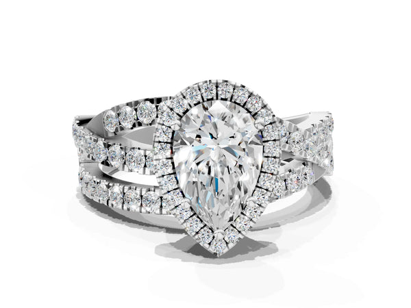 Sterling Silver Pear-Shaped Halo Engagement Ring Setting with Twisted Pave Split Shank
