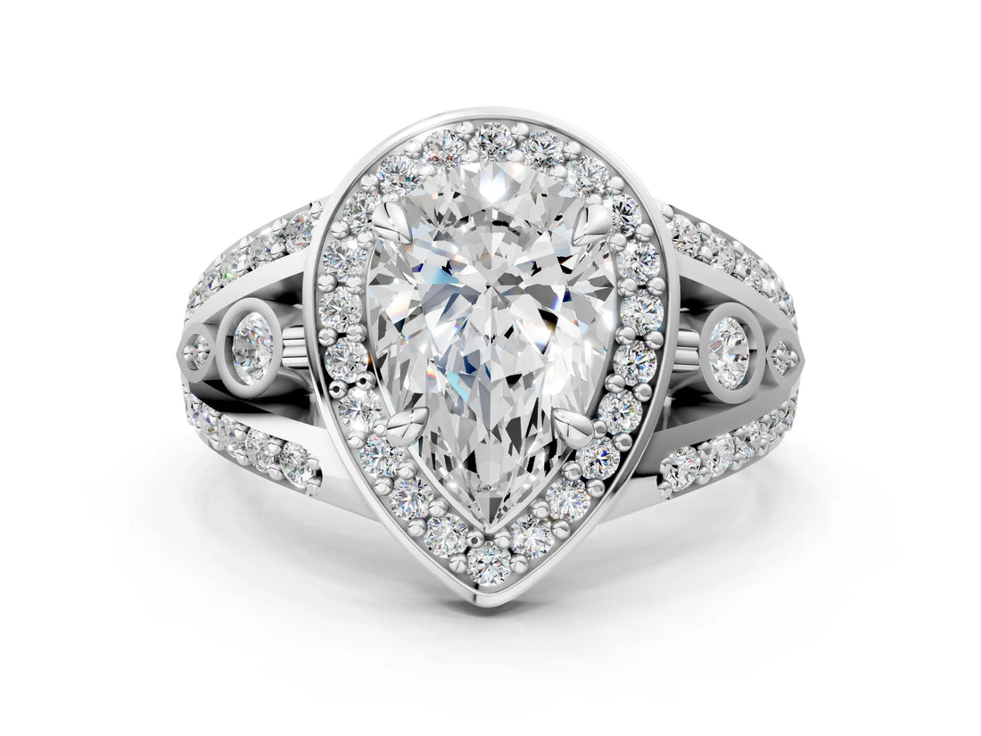 Silver Pear Cut Diamond Halo Ring with Split Shank and Bezel Accents and Four-Prong Setting_13