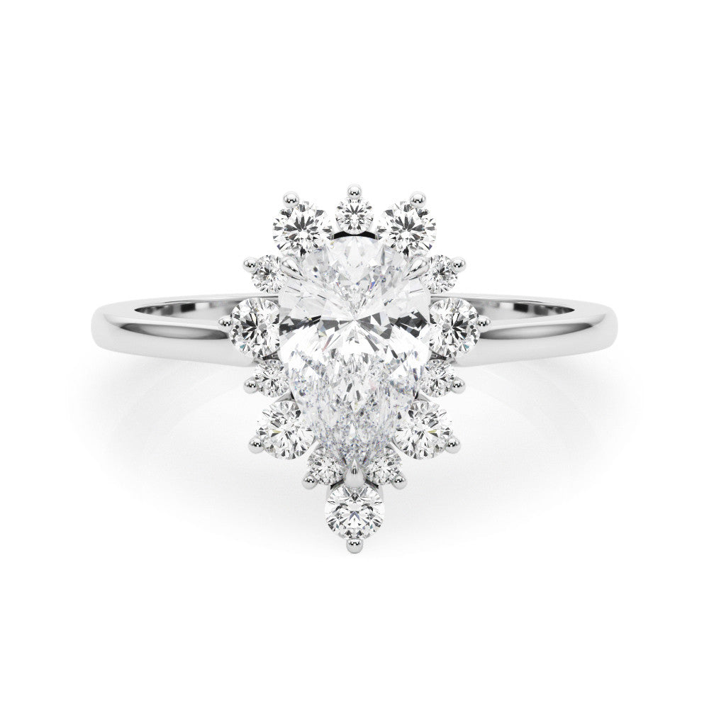 Silver Pear-Cut Diamond Halo Solitaire Ring with Round Brilliant Halo and Prong Setting