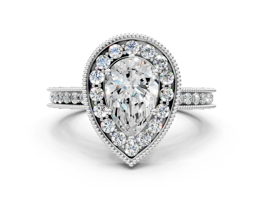 Silver Pear Cut Diamond Milgrain Halo Engagement Ring with Round Pavé Band and Prong Setting_12