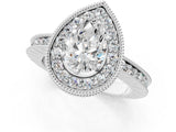 Silver Pear Cut Diamond Milgrain Halo Engagement Ring with Round Pavé Band and Prong Setting_13