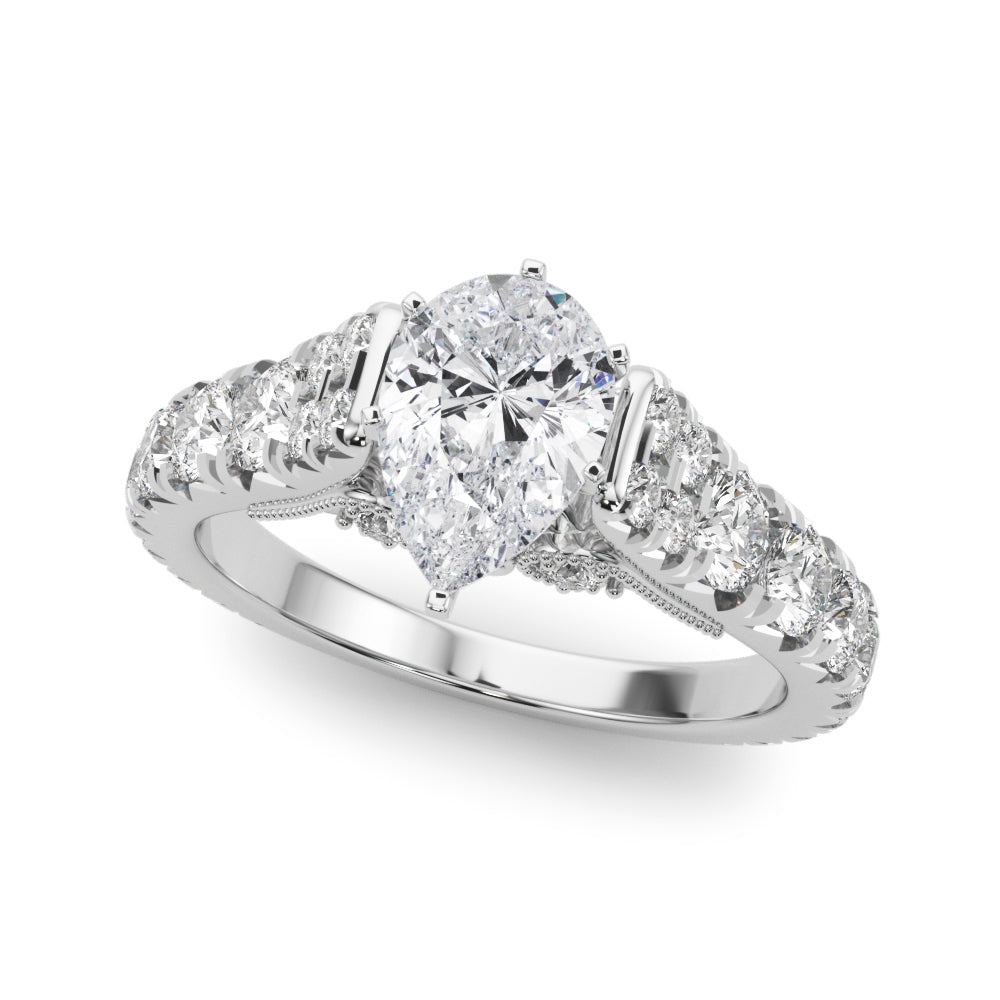Silver Pear Cut Diamond Pavé Band Solitaire with Four-Prong Setting 2