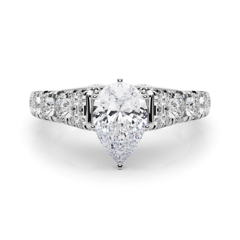 Silver Pear Cut Diamond Pavé Band Solitaire with Four-Prong Setting