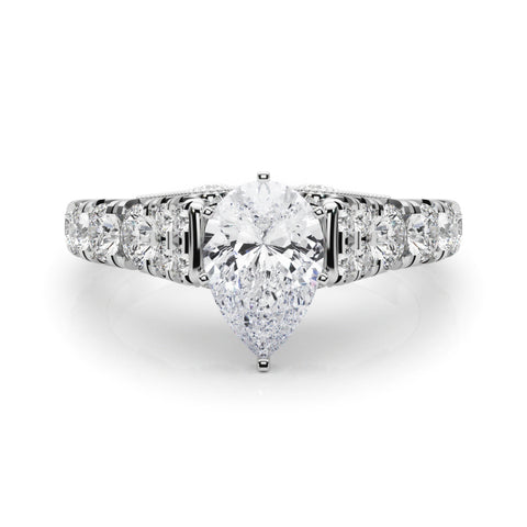 Silver Pear Cut Diamond Pavé Band Solitaire with Four-Prong Setting