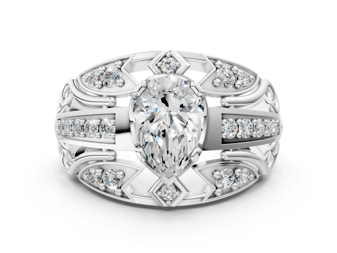 Silver Pear Cut Diamond Pave Art Deco Split Shank Ring with Four-Prong Setting_13