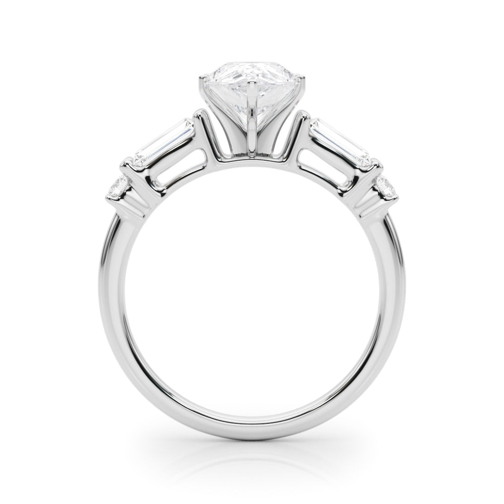 Silver Pear Cut Diamond Ring with Baguette Side Stones, Channel Set Band, and Four-Prong Setting 1