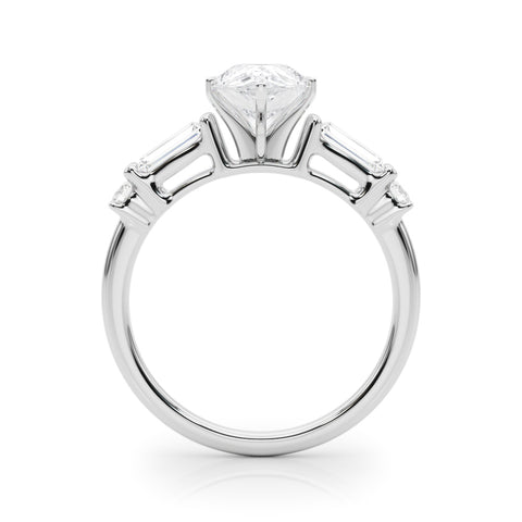 Silver Pear Cut Diamond Ring with Baguette Side Stones, Channel Set Band, and Four-Prong Setting 1
