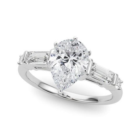 Silver Pear Cut Diamond Ring with Baguette Side Stones, Channel Set Band, and Four-Prong Setting 2
