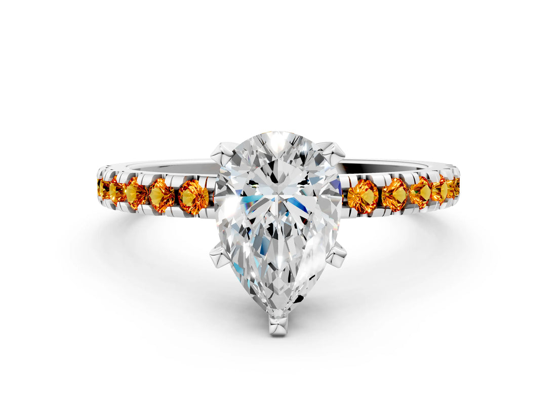 Silver Pear Cut Diamond Solitaire Ring with Round with Citrine side stone Pavé Band and Four-Prong Setting_12