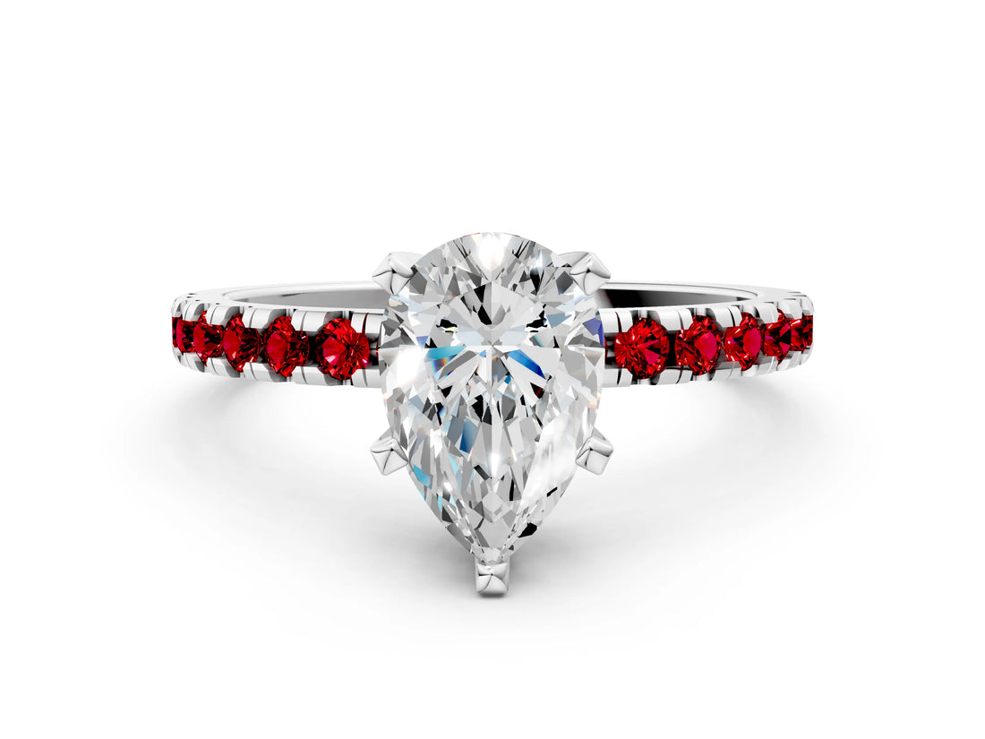 Silver Pear Cut Diamond Solitaire Ring with Round with Ruby side stone Pavé Band and Four-Prong Setting_18