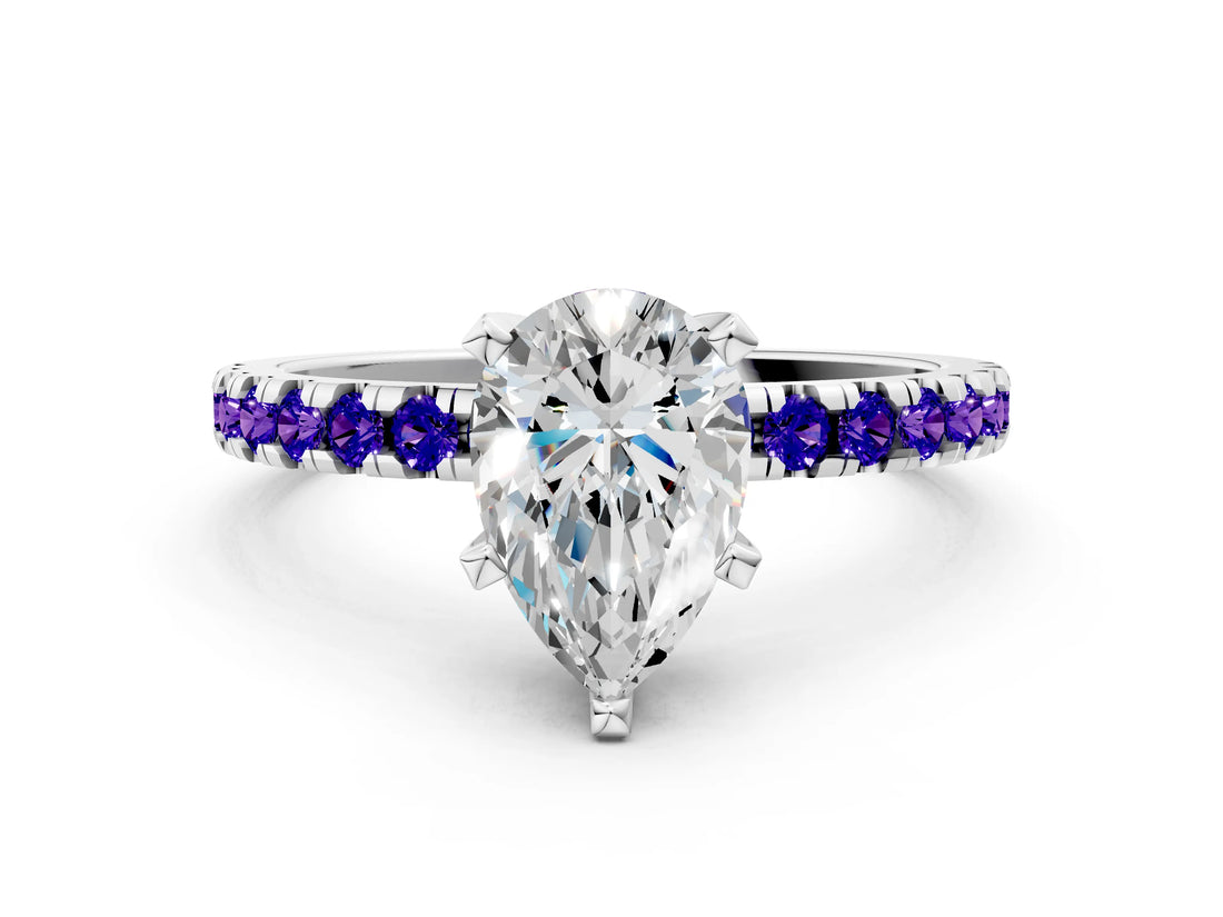 Silver Pear Cut Diamond Solitaire Ring with Round with Tanzanite side stone Pavé Band and Four-Prong Setting_12