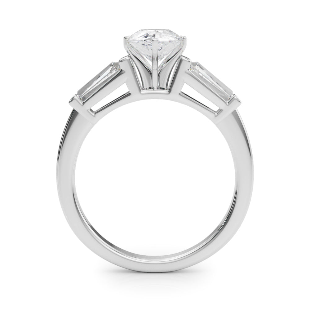 Silver Pear Cut Diamond Solitaire Ring with Tapered Baguette Accents and Six-Prong Setting 1